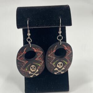 Skull and crossbones painted wooden earrings